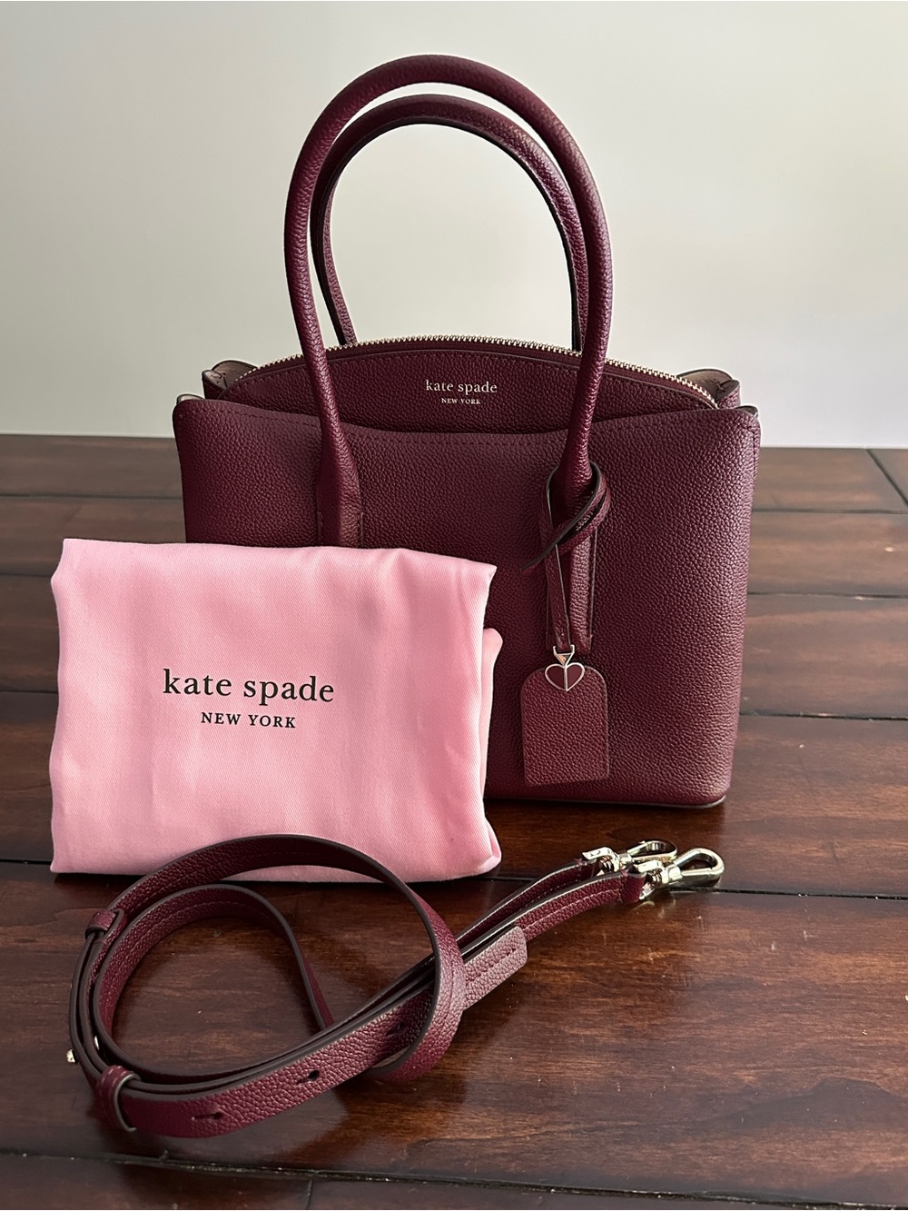 Kate Spade large Margaux pebbled leather satchel Deep Cherry with pink dust bag